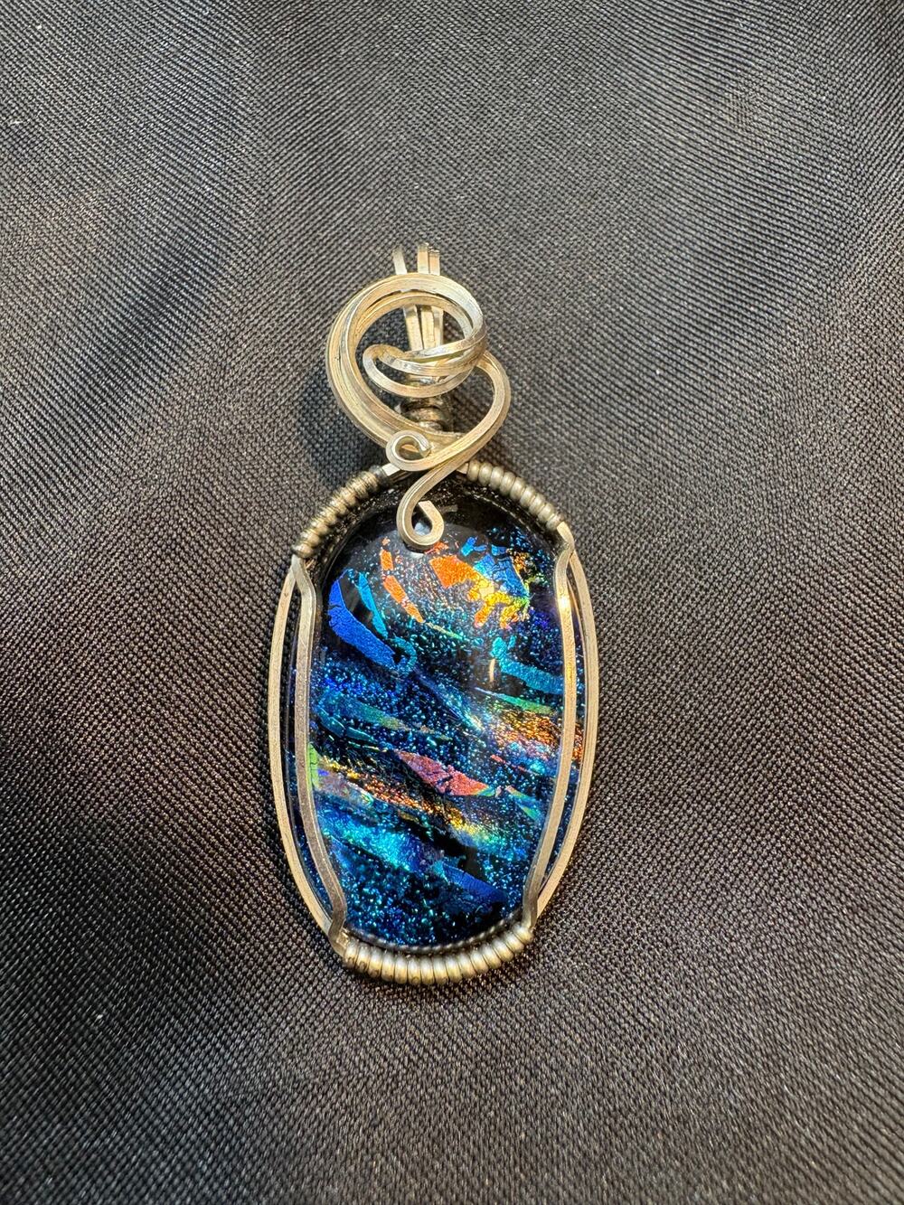 Large Sterling Silver Wire-Wrapped Dichroic Glass Pendant — Pendant Only